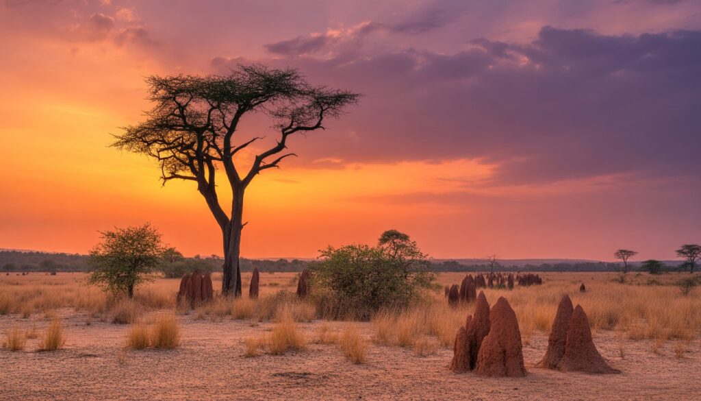 Paysage béninois au coucher du soleil pendant un voyage au Bénin, un monde de Splendeurs