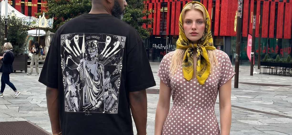Un homme portant un t-shirt graphique noir se tient à côté d'une femme portant une robe à pois et un foulard jaune dans un environnement urbain en plein air.