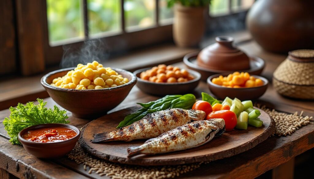 Poisson grillé accompagné de gari et de légumes frais, servi avec une sauce tomate épicée, représentant la cuisine traditionnelle béninoise dans un cadre chaleureux.