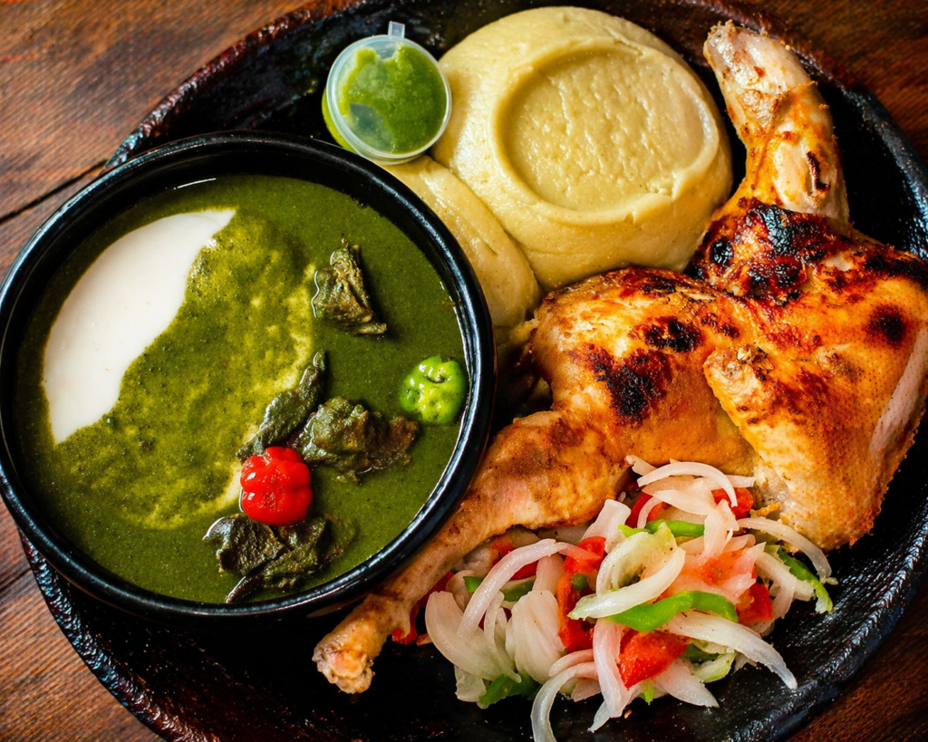 Assiette de cuisine béninoise composée d’une sauce verte (tchayo) avec pâte blanche, accompagnée de bomiwo, poulet grillé et salade de crudités, présentée en vue de dessus.